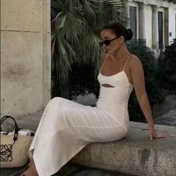 ZARA CUT-OUT bust Lace up Back Linen Blend Midi SIZE L  DRESS 7385/220 - Picture 4 of 7